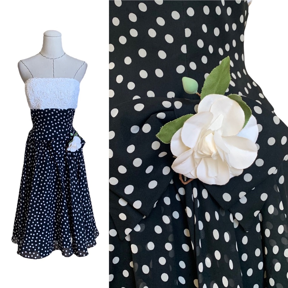 Vintage 80s A. J. Bari Strapless Lace Silk Polka Dot Dress Floral Feminine